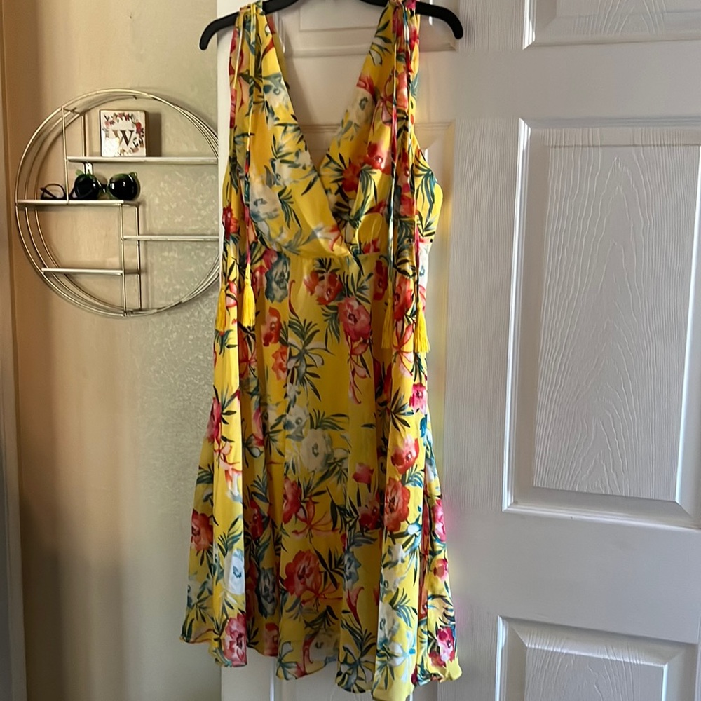 Lulu's BacklessYellow Floral Sundress with Pink & Blue Accents